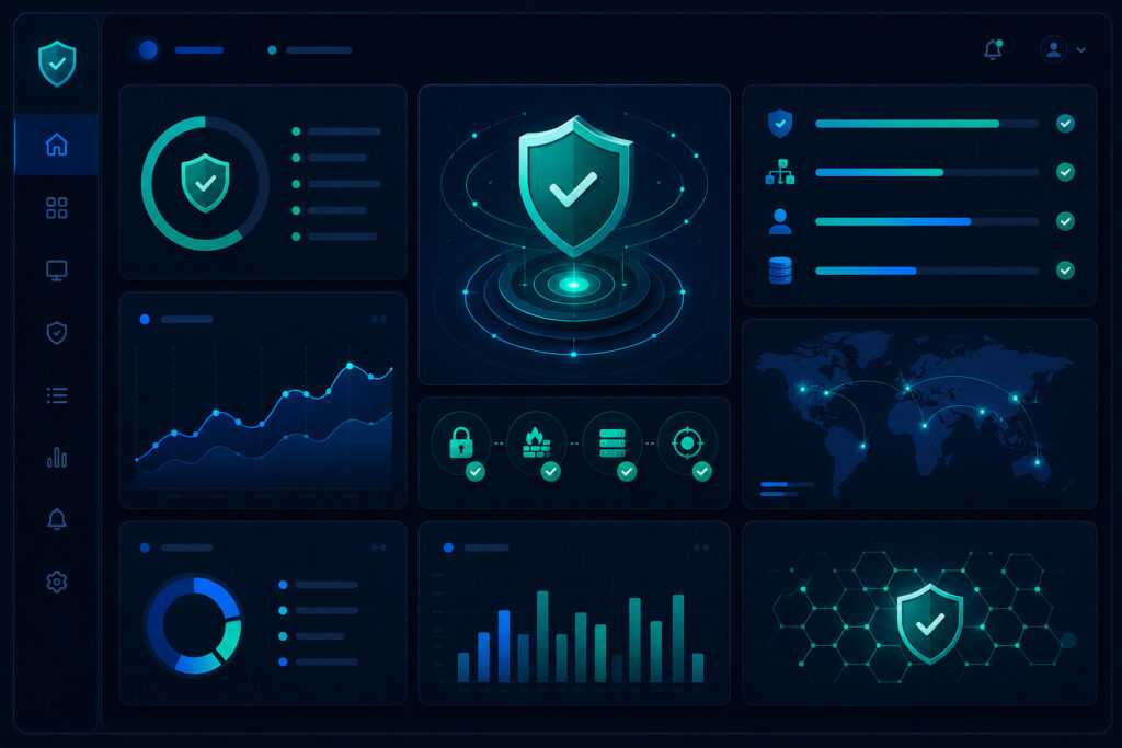 High-end cybersecurity dashboard showing system hardening metrics.