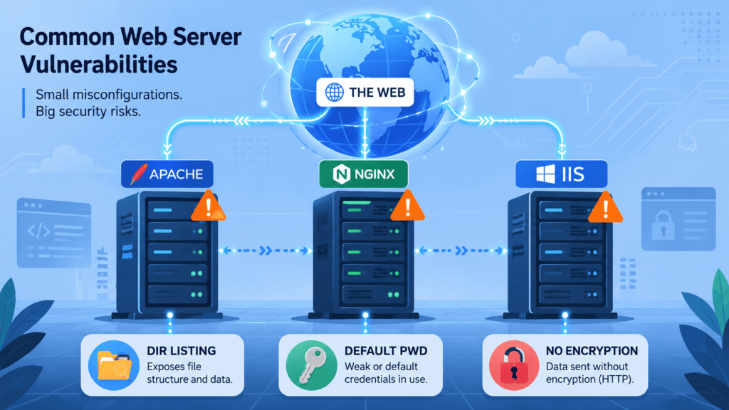 Diagram showing Common Security Misconfigurations across Apache, NGINX, and IIS servers including directory listing and missing encryption.