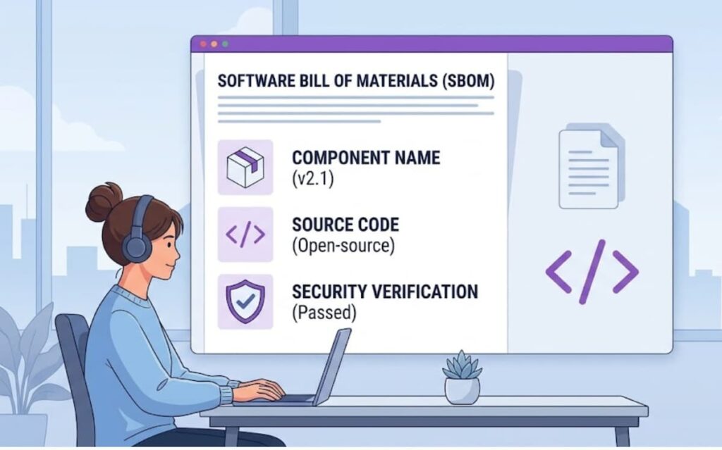 Woman verifying component security using Software Composition Analysis (SCA) software bill of materials document.
