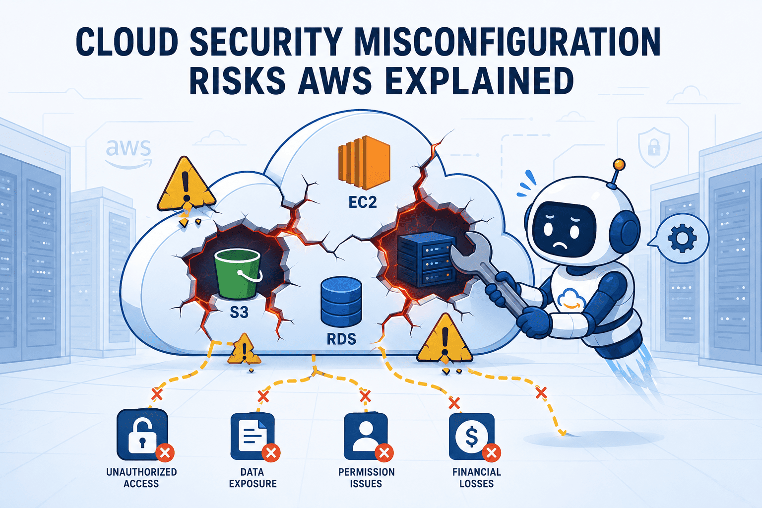 Illustration of cloud security misconfiguration risks AWS services face including broken S3, EC2, and RDS leading to unauthorized access and data exposure.