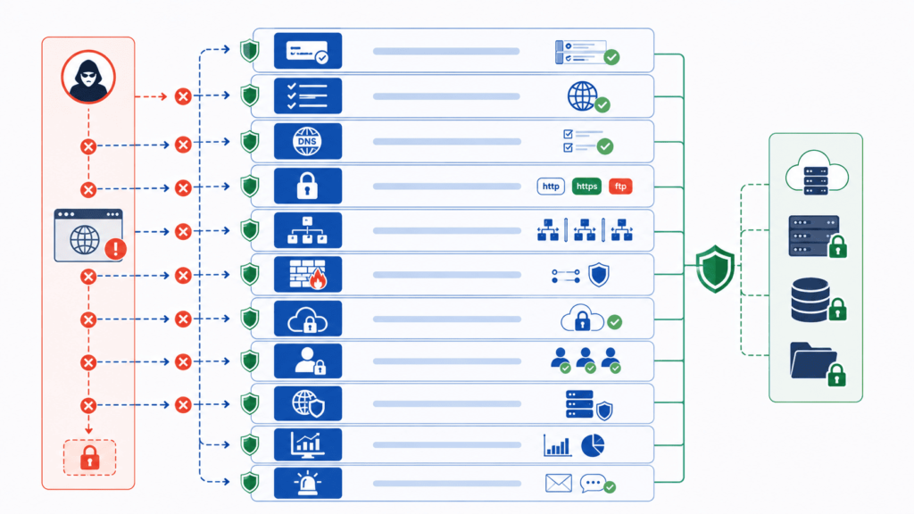Flowchart of OWASP SSRF prevention measures applying multiple security checks before granting server resource access.