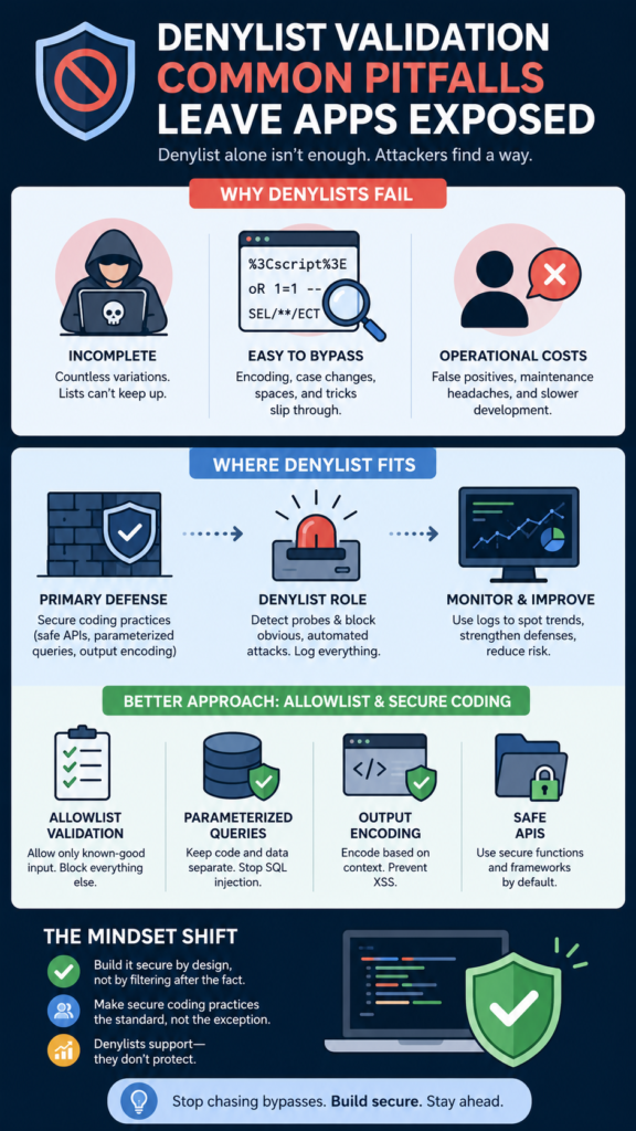 Data stream infographic showing a filter diverting red bugs into a bin, illustrating denylist validation common pitfalls issues. 