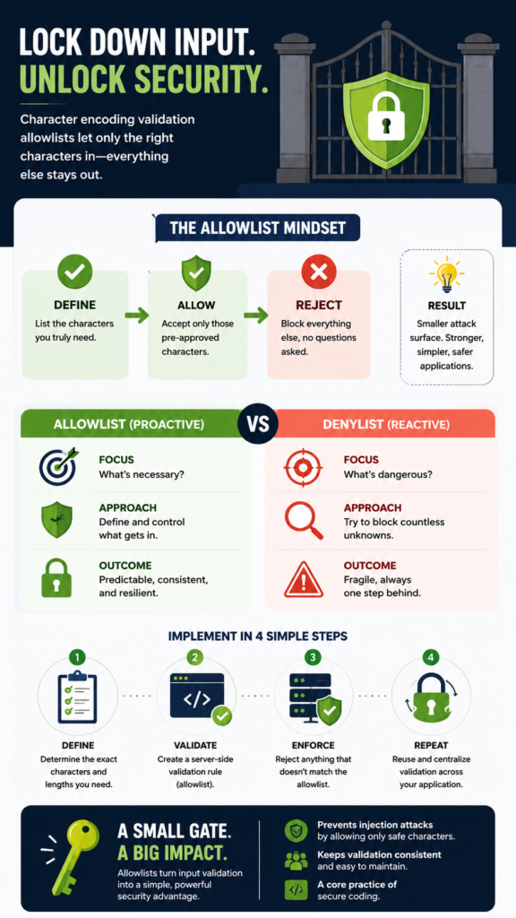 Infographic on character encoding validation allowlist security.