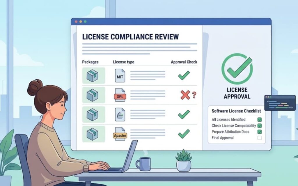 Analyst conducting Software Composition Analysis (SCA) license compliance review for open-source package approvals.