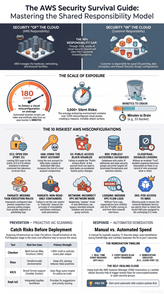 Infographic covering cloud security misconfiguration risks AWS environments face across 10 critical misconfigurations with IaC scanning and automated remediation.