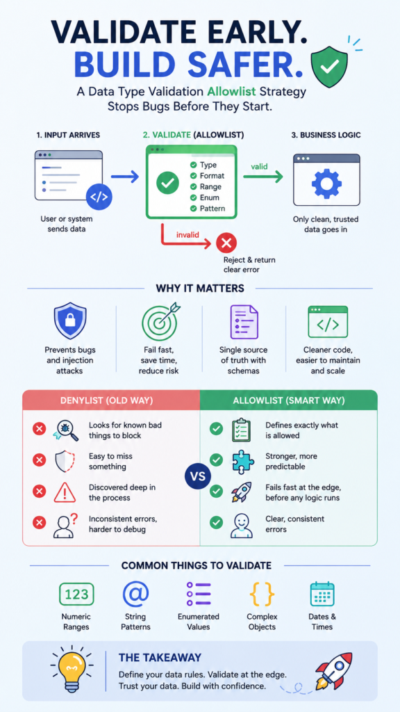 An infographic explaining how a data type validation allowlist strategy stops bugs.
