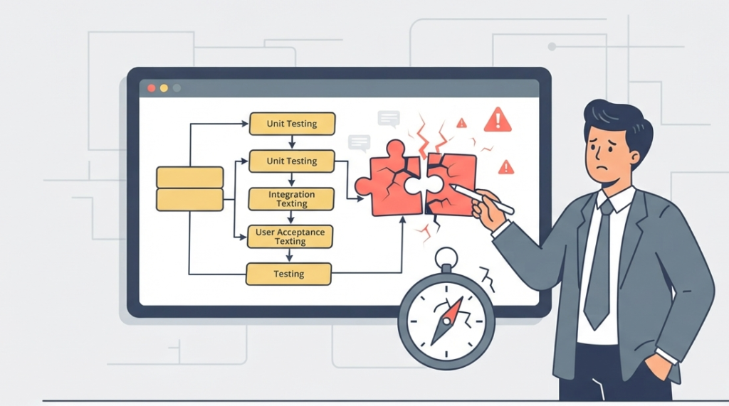 A clean vector graphic showing a strategist choosing right validation strategy scenario at a crossroads.