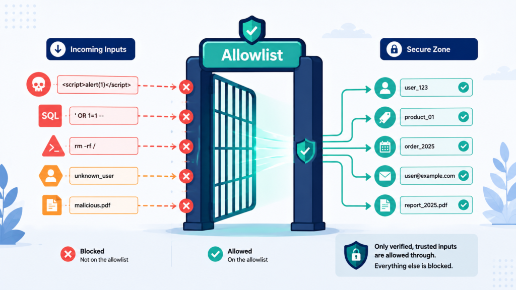 Digital shield demonstrating security benefits allowlisting input stopping cyber attacks early