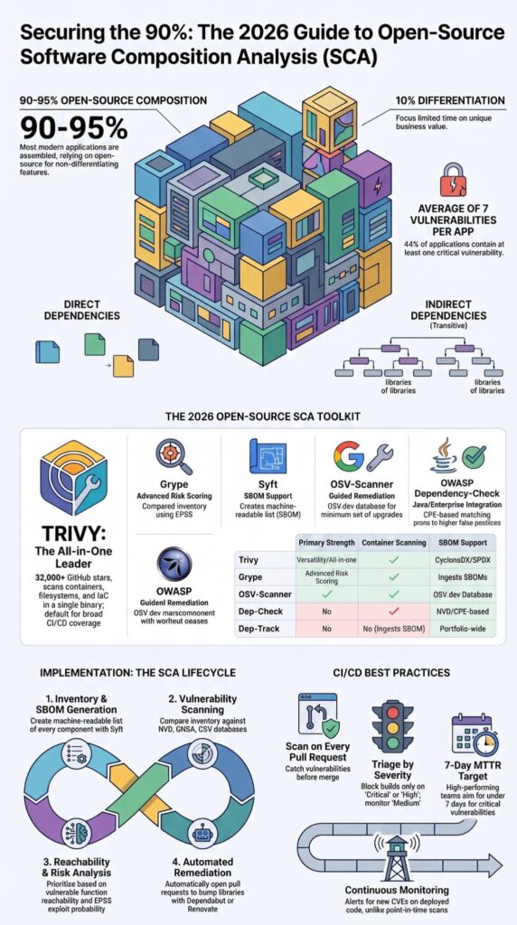 Infographic guide explaining Software Composition Analysis (SCA) with dependency trees and open-source security toolkit.