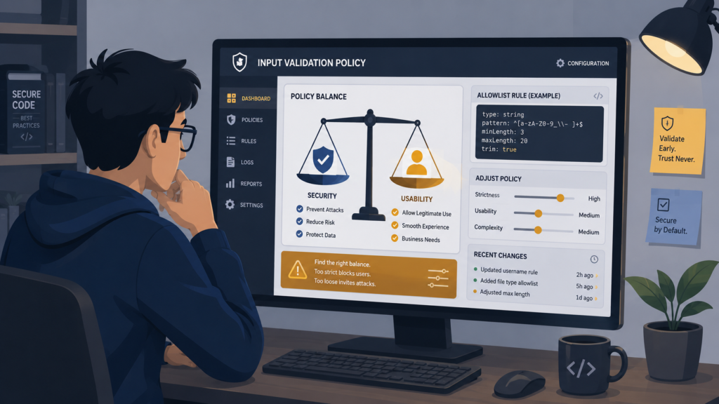 Developer reviewing dashboard highlighting security benefits allowlisting input trade-offs and configurations