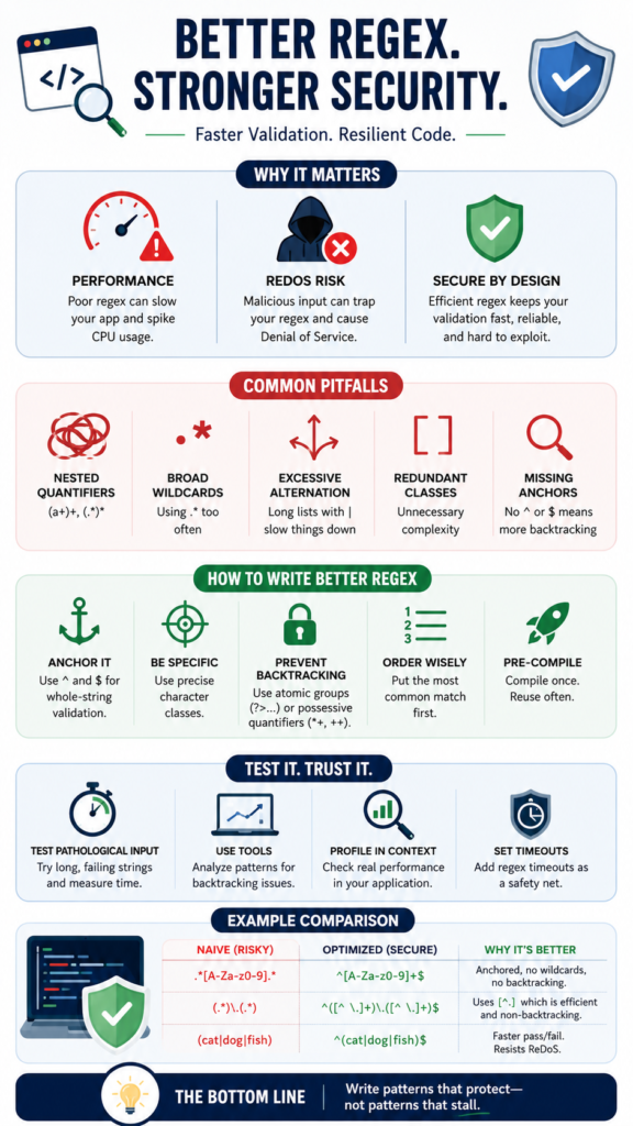 Infographic breaking down metrics for optimizing regex performance secure coding.