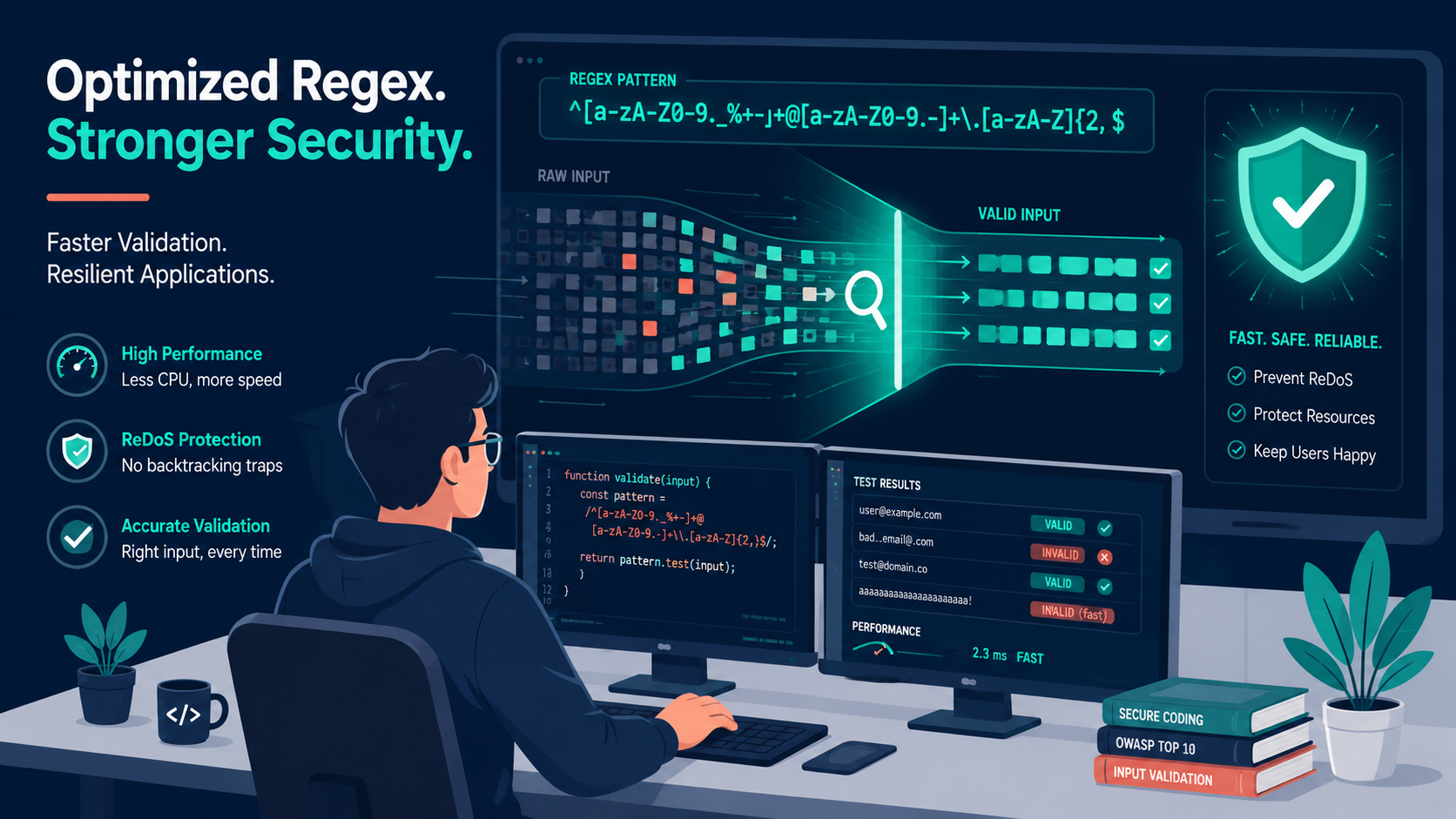 Vector illustration of a developer optimizing regex performance secure coding for faster validation.