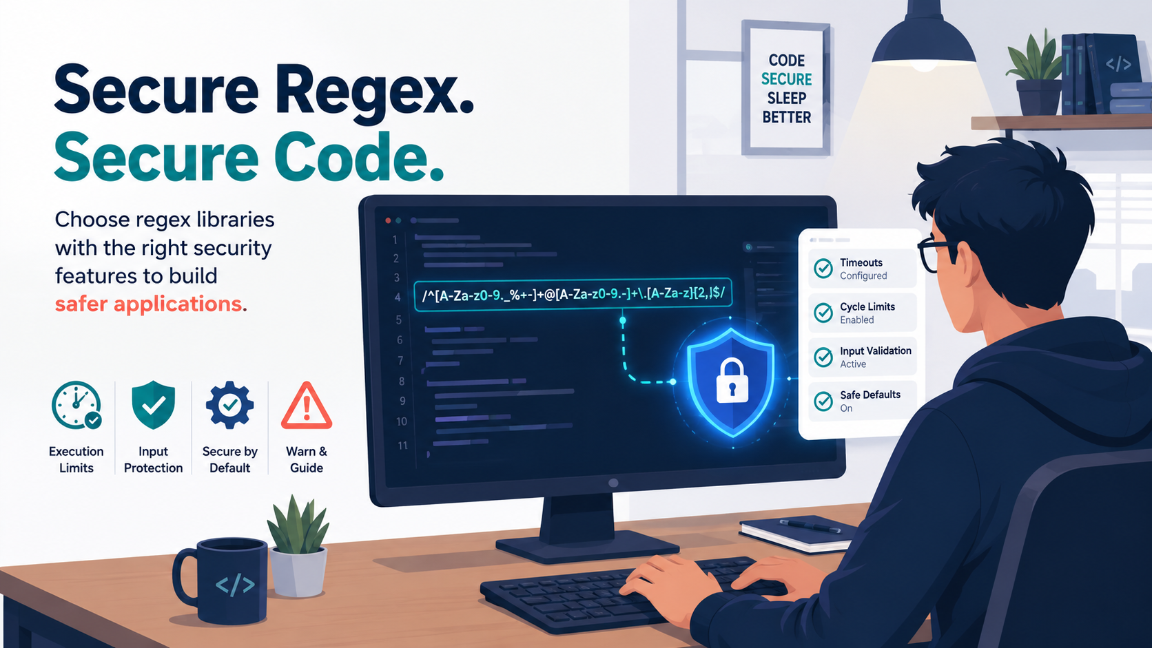 Flowchart showing how secure regex libraries prevent catastrophic backtracking and security vulnerabilities.