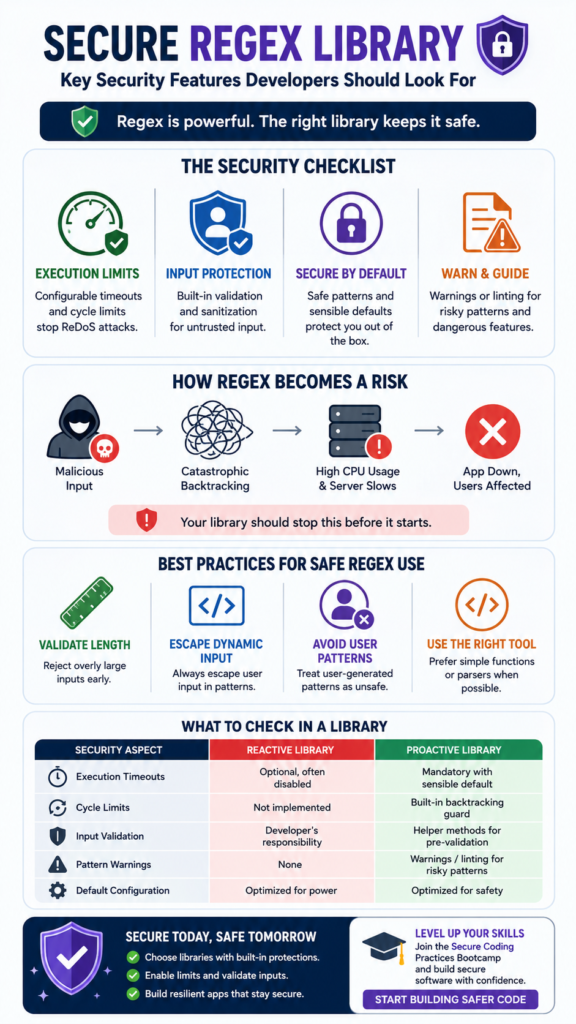 Diagram highlighting regex libraries, core security features, and key considerations for safe matching.