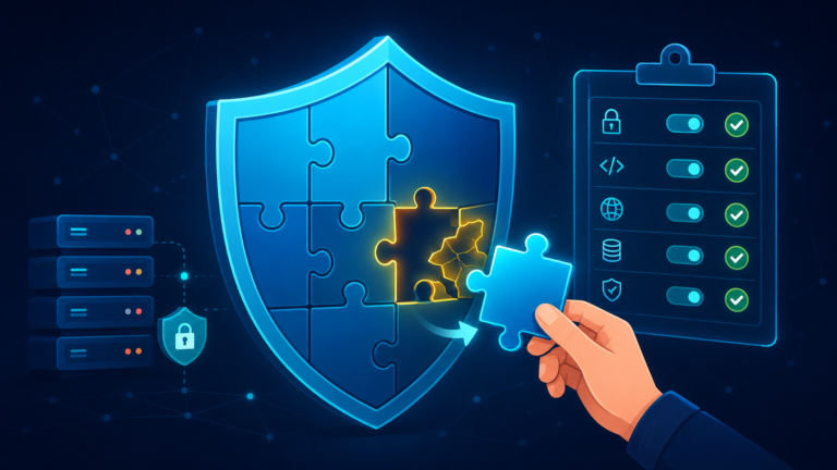 Insecure components security misconfiguration fixed as a missing puzzle piece completes a shield's security checklist.
