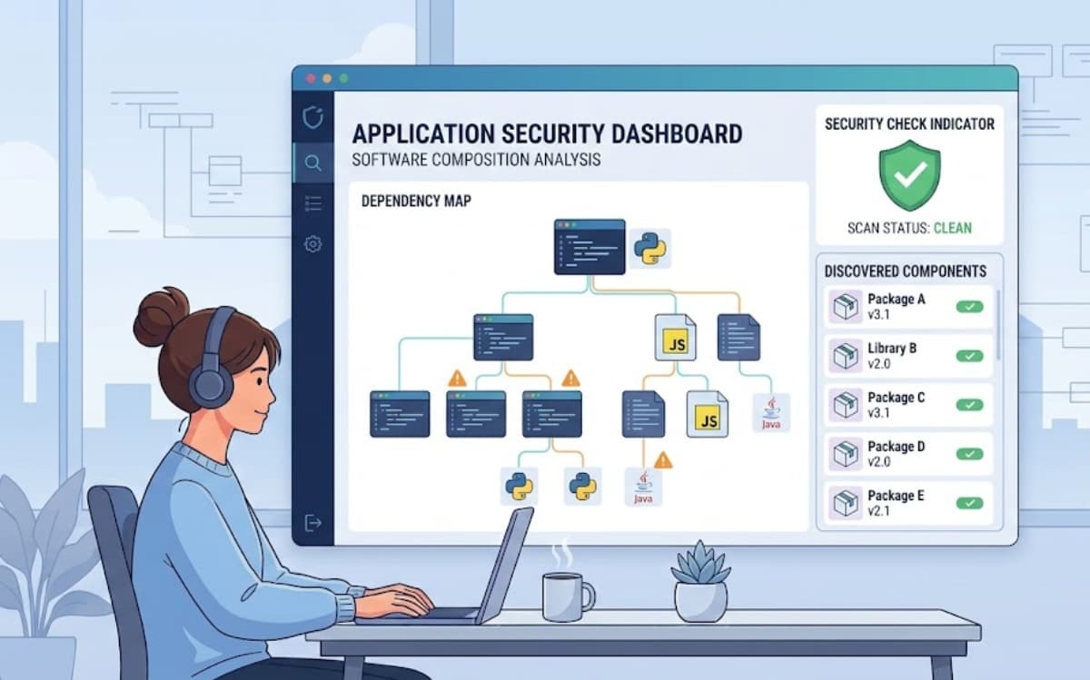 Security dashboard illustrating what is software composition analysis through a dependency map and scan status.