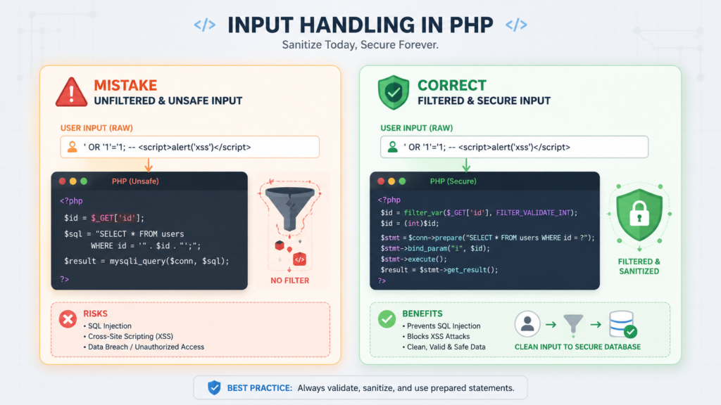 Code comparison illustrating server side input validation php examples for filtering unsafe user input.