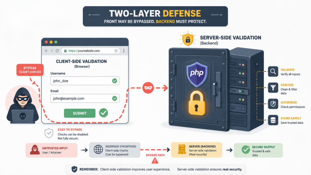 Diagram of server side input validation php examples protecting backend data after client-side bypass.