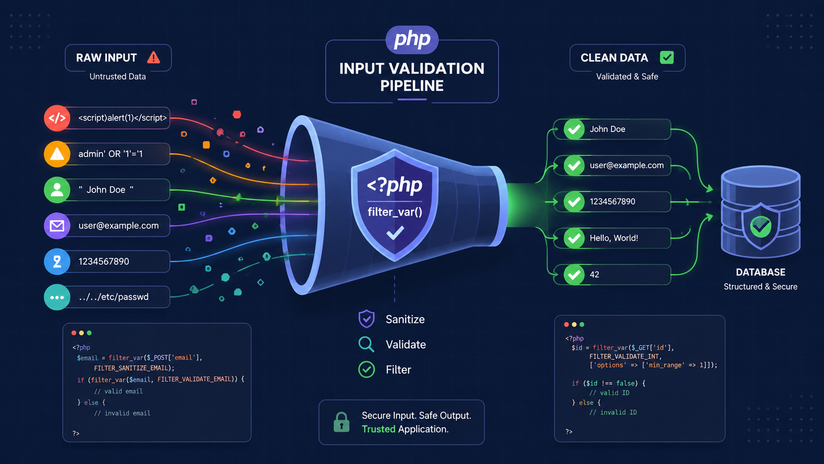 Funnel diagram of server side input validation php examples cleaning raw data before database storage.