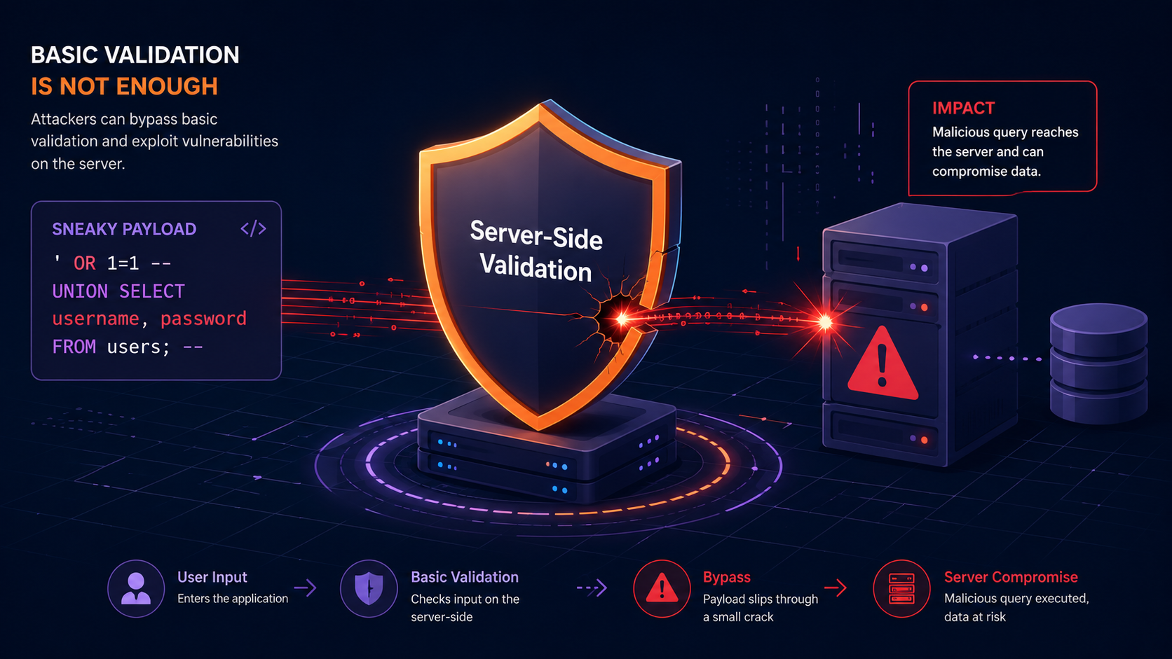 Digital shield graphic depicting a breach, emphasizing preventing injection server side validation practices