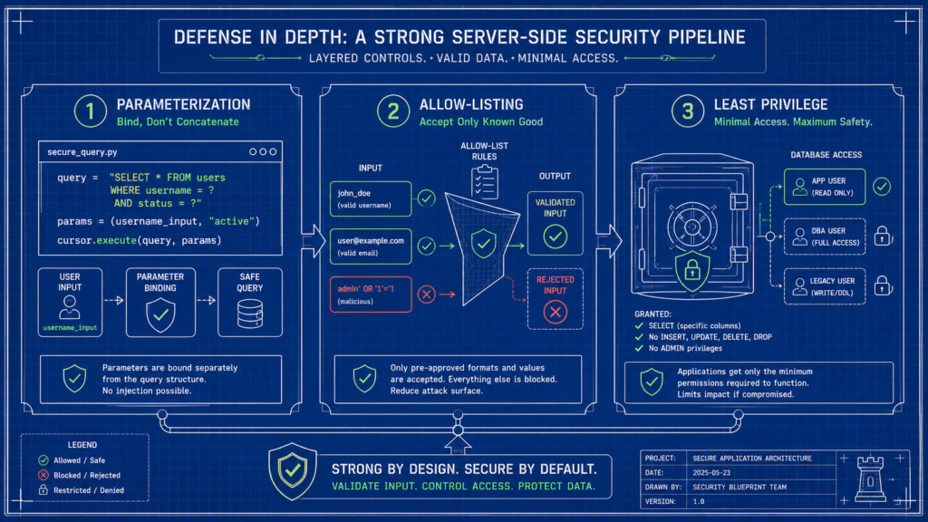 Blueprint diagram illustrating parameterization and allow-listing for preventing injection server side validation