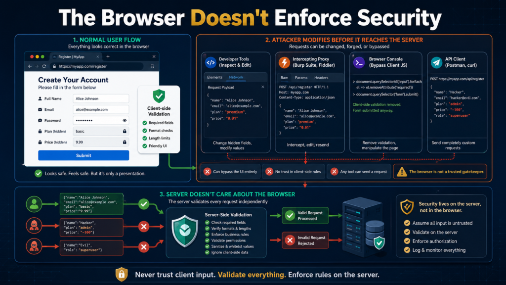 Illustration comparing browser and server checks, reinforcing the never trust client input rule