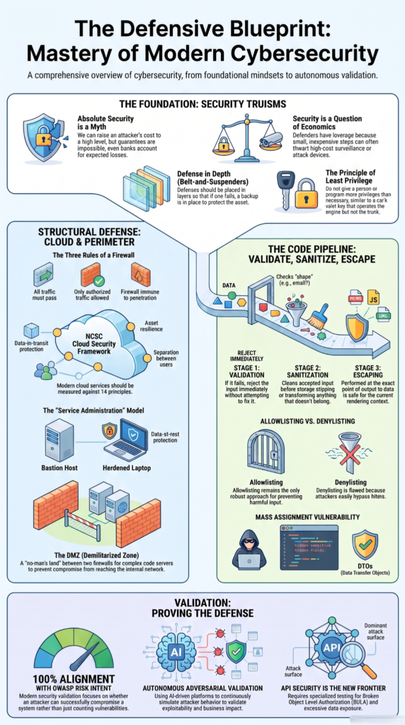 Cybersecurity blueprint illustrating layered defenses that follow the never trust client input rule