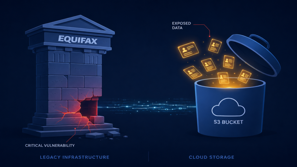 Insecure components security misconfiguration crumbles legacy infrastructure as data leaks into a cloud storage bucket.