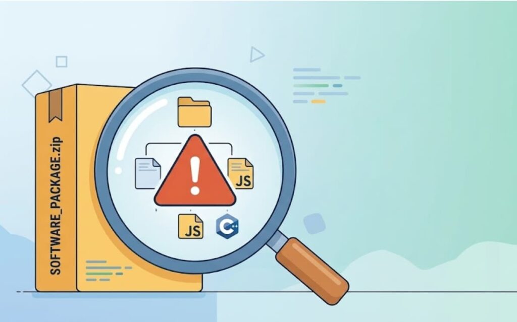 Magnifying glass over flagged files demonstrating what is software composition analysis for vulnerability detection.