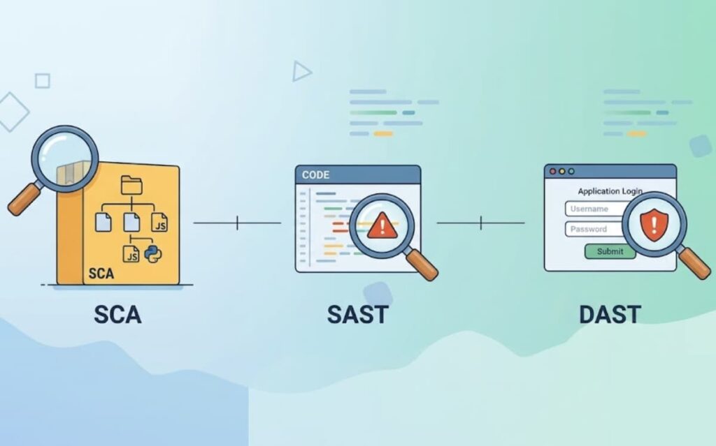 Diagram comparing SCA, SAST, and DAST to explain what is software composition analysis within application security.