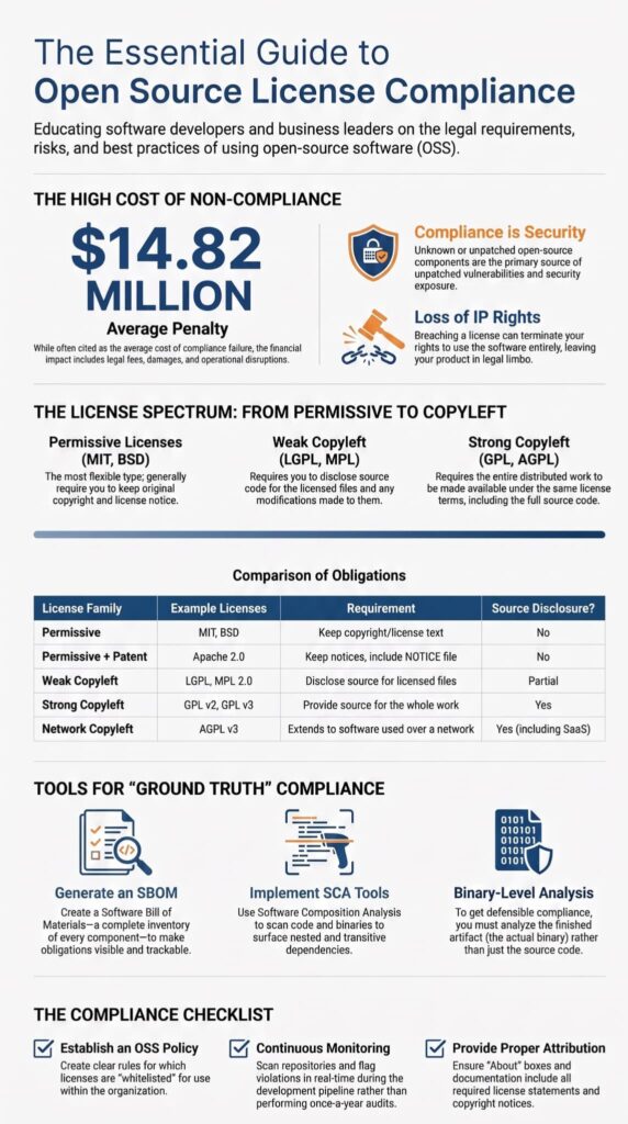 Infographic guide covering what is software composition analysis, licensing risks, tools, and compliance checklist.
