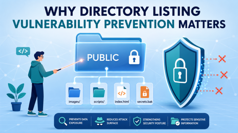 Directory listing vulnerability prevention locks a public folder, blocking exposure of secret backup files.