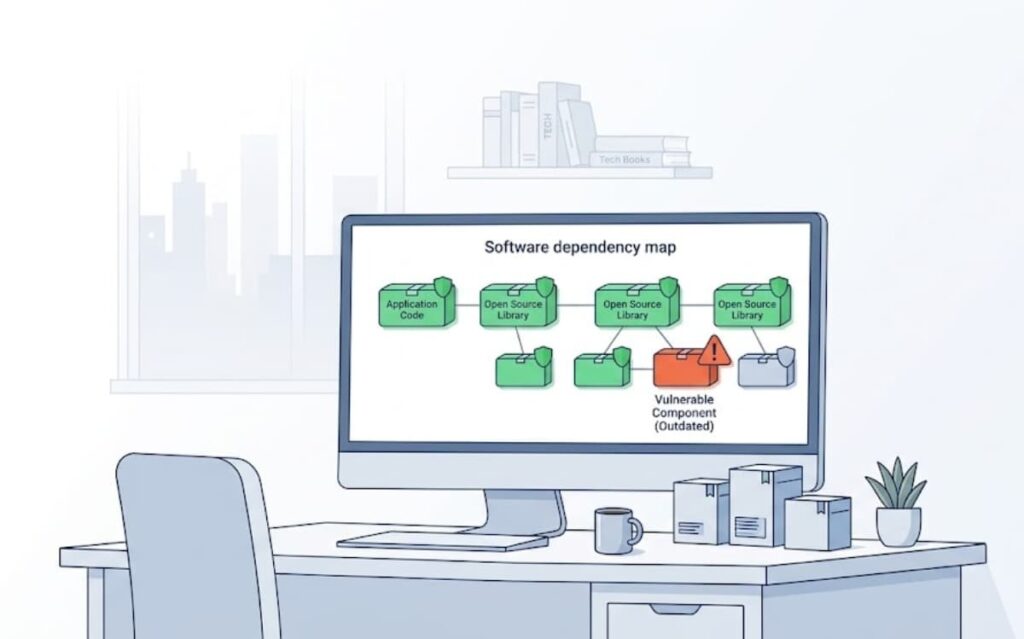 Diagram of a vulnerable component highlighting the importance SCA dependency management plays in software supply chains.