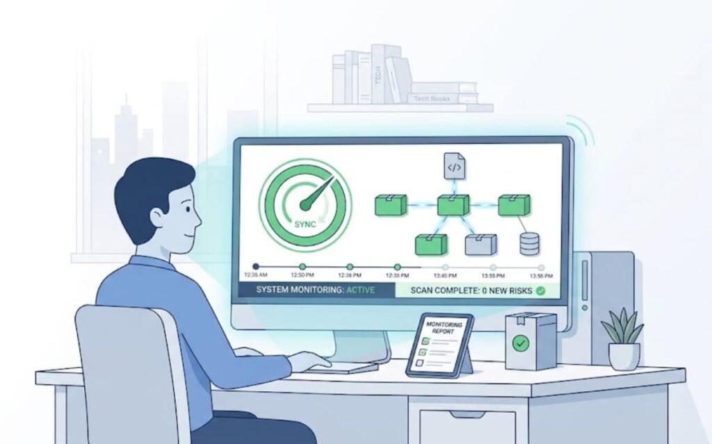 Dashboard tracking active monitoring and scans, demonstrating the importance SCA dependency management has for ongoing risk control.