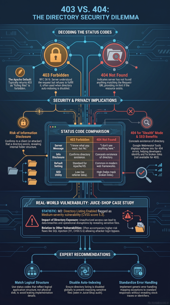 Directory listing vulnerability prevention compared through 403 forbidden and 404 not found status codes.
