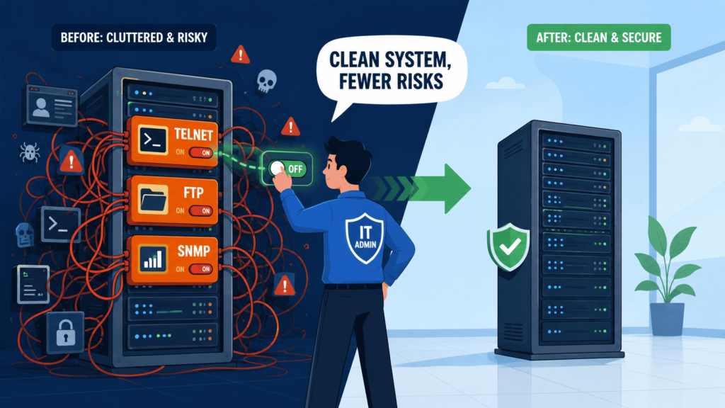 IT admin eliminating Common Security Misconfigurations by switching off unnecessary Telnet, FTP, and SNMP services for a cleaner server.
