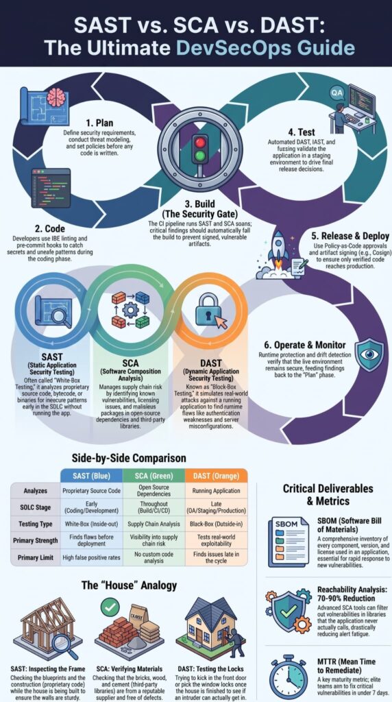 Infographic comparing SAST, SCA, and DAST across the DevSecOps lifecycle stages.