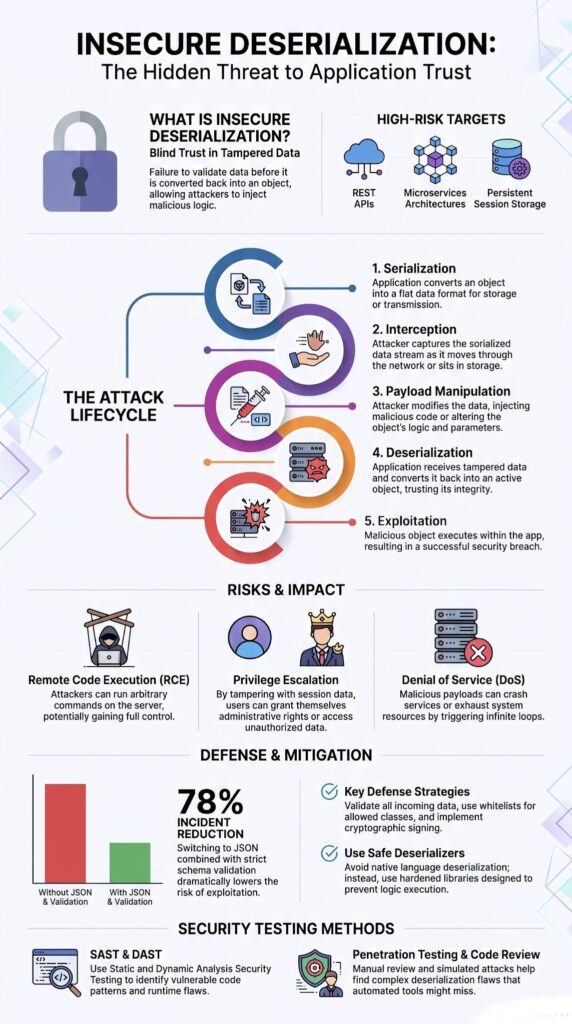 Infographic showing the attack lifecycle, high-risk targets, security risks, and mitigation strategies for tampered application data.