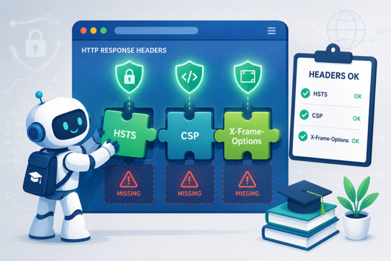 Missing security headers browser warnings clear as a robot fits HSTS, CSP, and X-Frame-Options pieces.