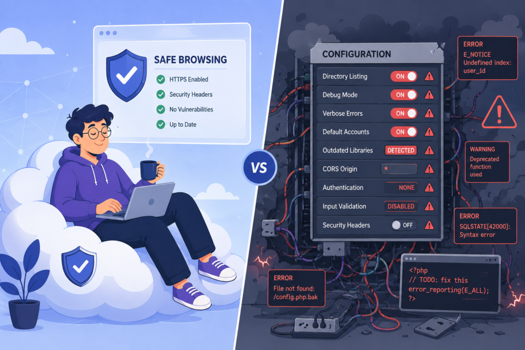 Missing security headers browser exposes a risky server, unlike the safe, updated browsing setup shown left.