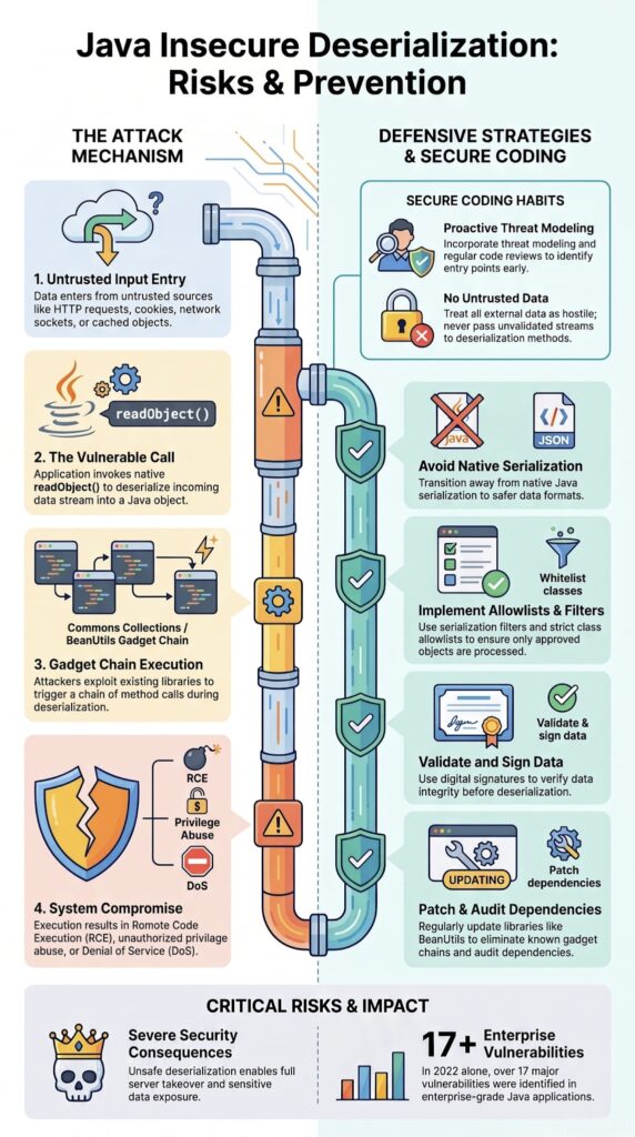  Infographic illustrating insecure deserialization attack examples java, from exploit to prevention strategies