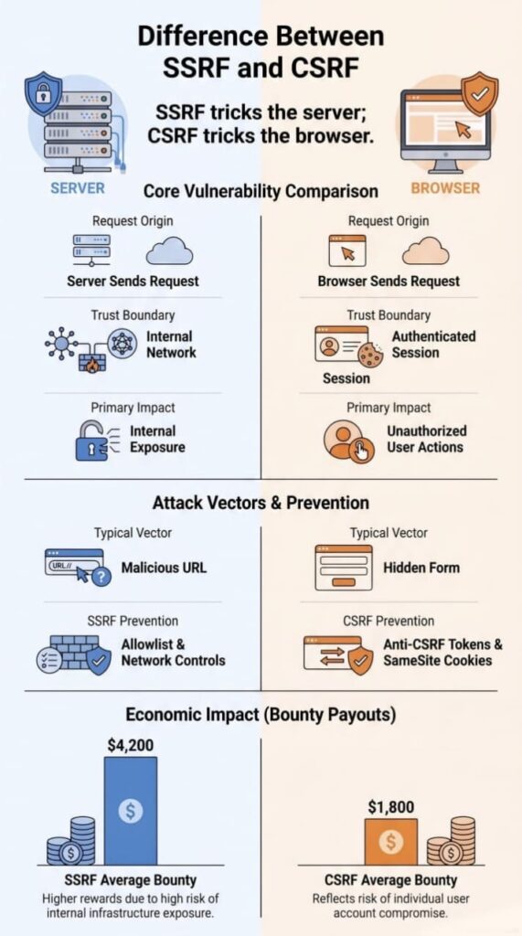  Infographic with difference ssrf csrf explained clearly, comparing server-side and browser-based attack vectors. 