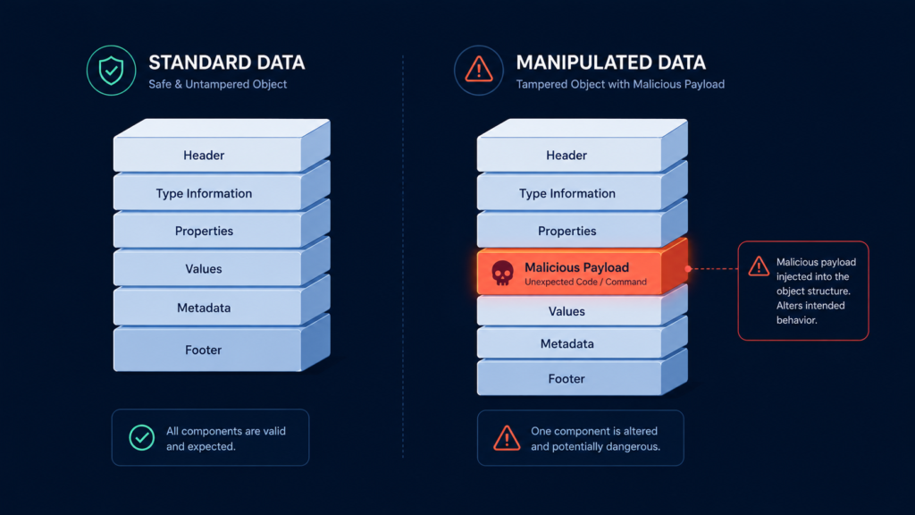 Data block comparison showing tampered payload, preventing insecure deserialization net php risks.