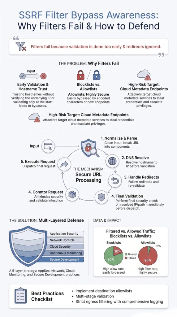 Infographic explaining ssrf filter bypass techniques awareness, covering filter failures, secure URL processing, and defense layers.