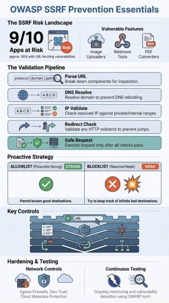 Infographic detailing OWASP SSRF prevention measures including URL validation, allowlisting, and network hardening steps.
