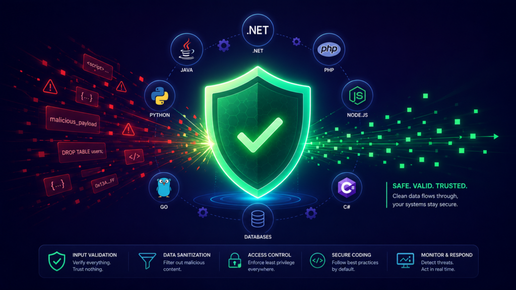 Green shield blocking malicious code, preventing insecure deserialization net php across languages.