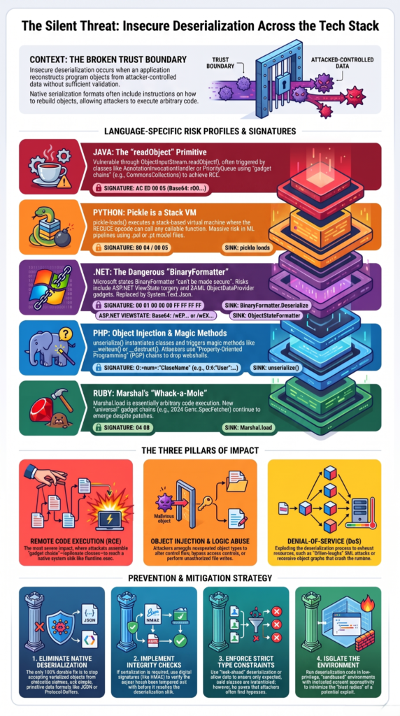 Infographic detailing risks across stacks, preventing insecure deserialization net php vulnerabilities.
