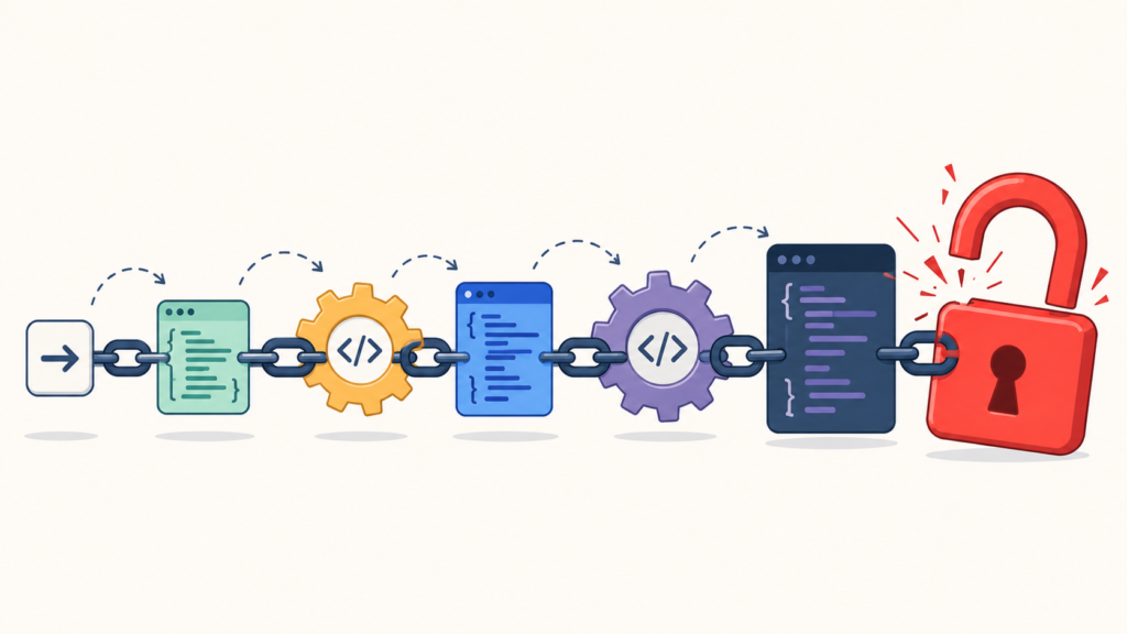 Linked code blocks breaking a padlock show remote code execution deserialization impact clearly.