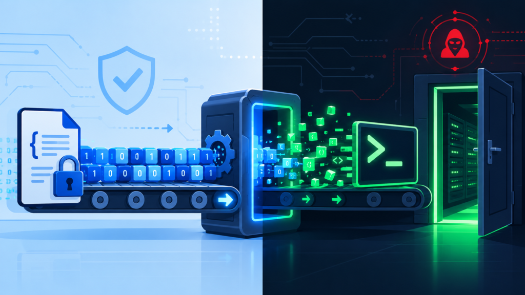 Data conveyor leading to breach depicts remote code execution deserialization impact on servers.