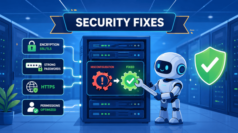 AI robot resolving Common Security Misconfigurations on a server by applying encryption, strong passwords, HTTPS, and optimized permissions.